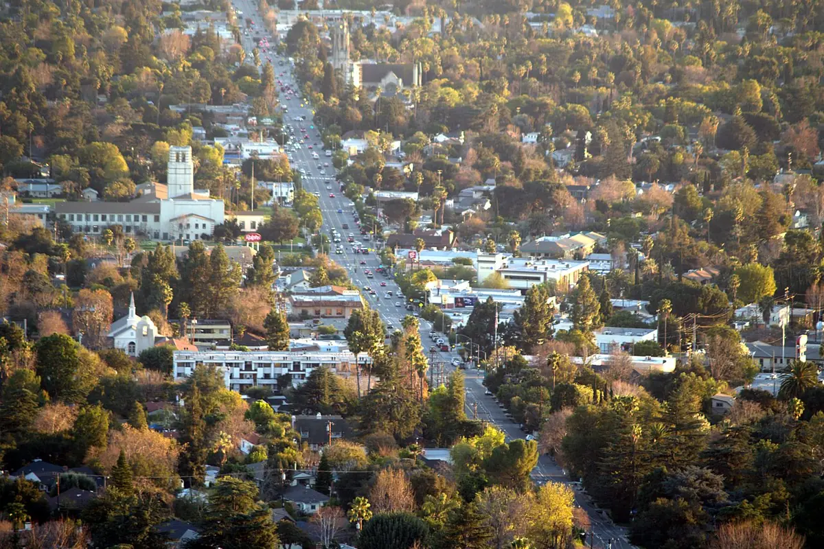 Aerial view of Lake Avenue and the tree canopy of Altadena