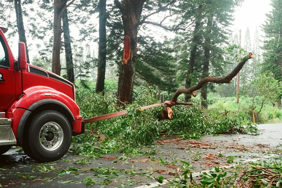 Red truck pulling a broken limb off a road after a storm